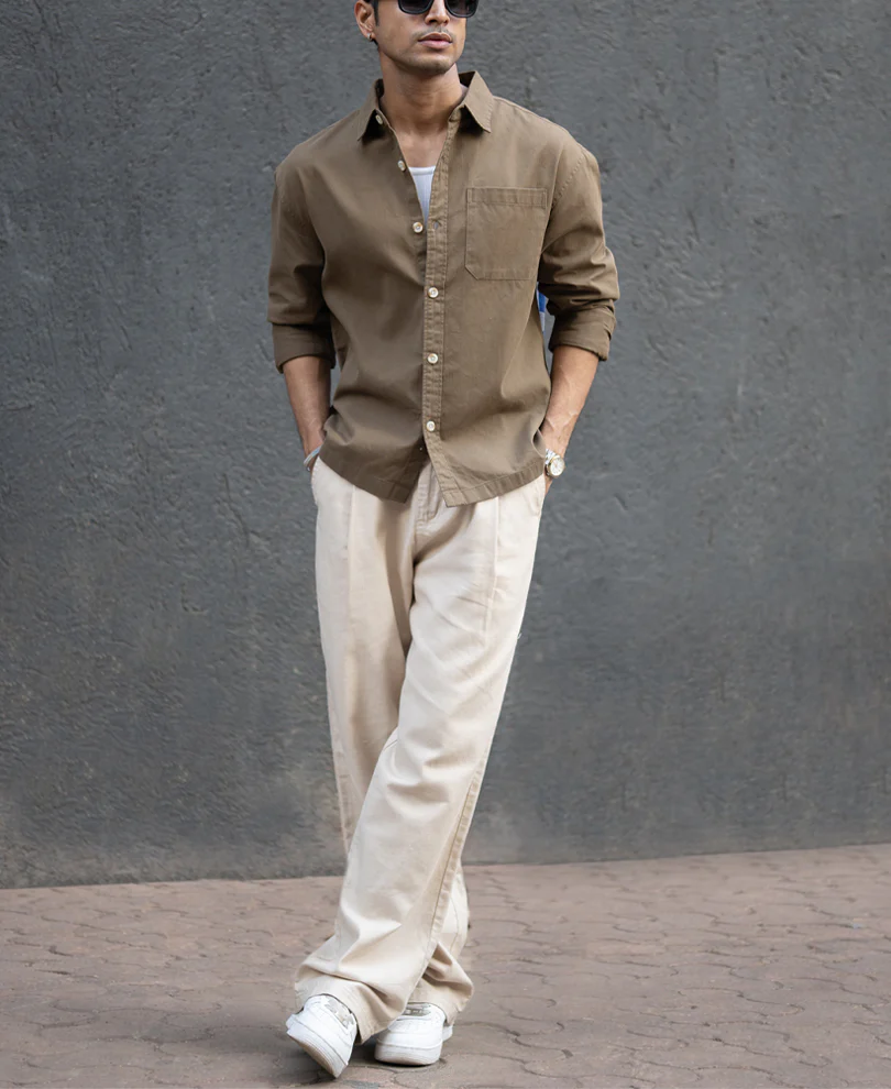 Dark Beige Printed Applique Shirt 100% Cotton - Image 6