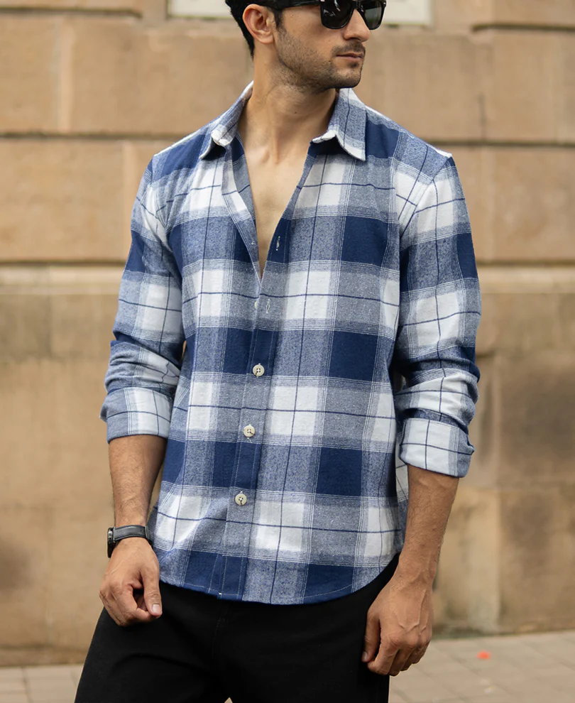 Dark Blue Brushed Checks Shirt 100% Cotton - Image 2