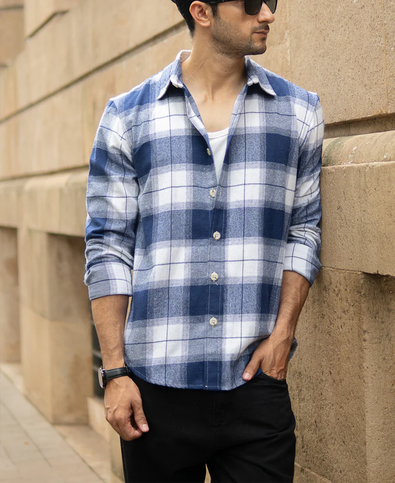 Dark Blue Brushed Checks Shirt 100% Cotton - Image 3