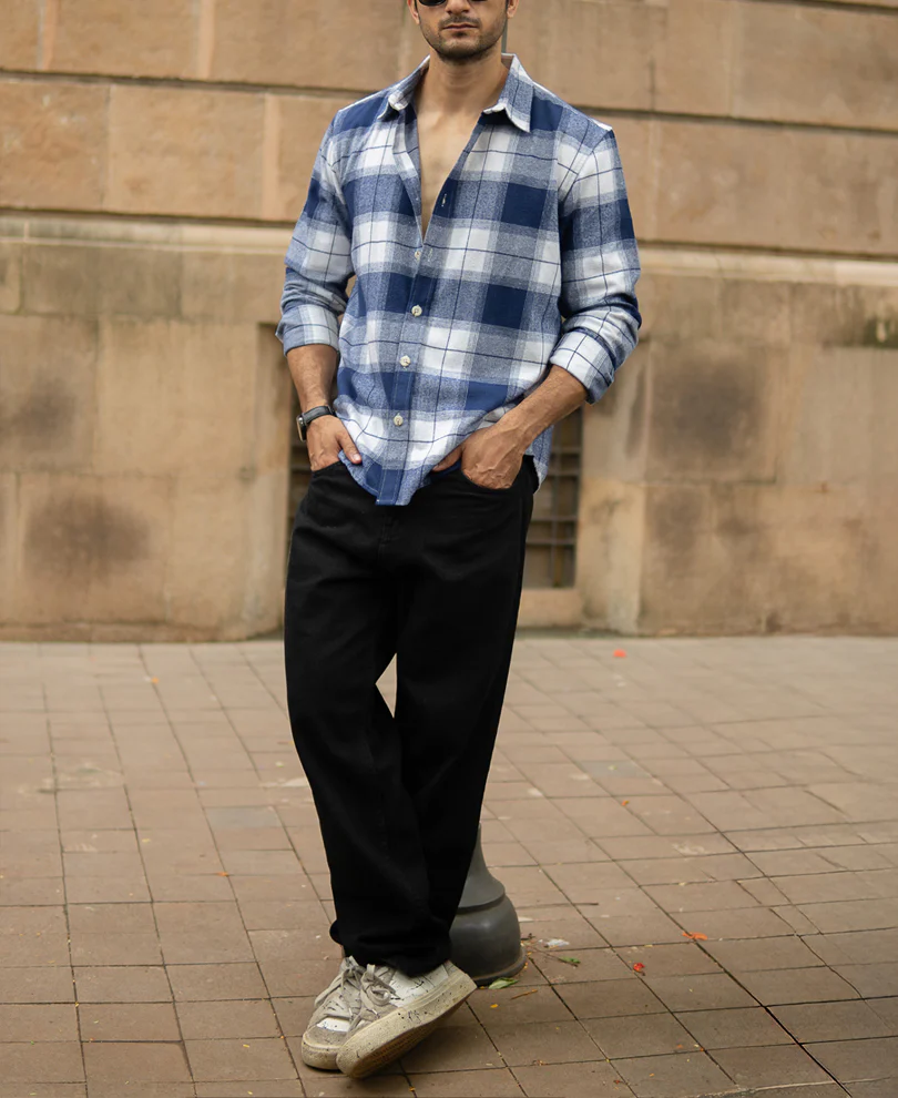 Dark Blue Brushed Checks Shirt 100% Cotton - Image 7