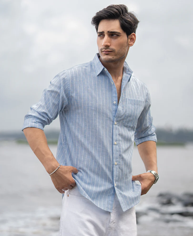 Dark Blue Cotton Stripe Shirt - Image 2