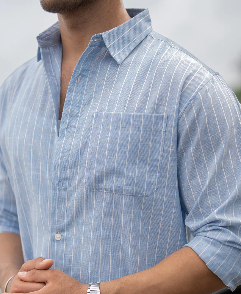 Dark Blue Cotton Stripe Shirt - Image 3