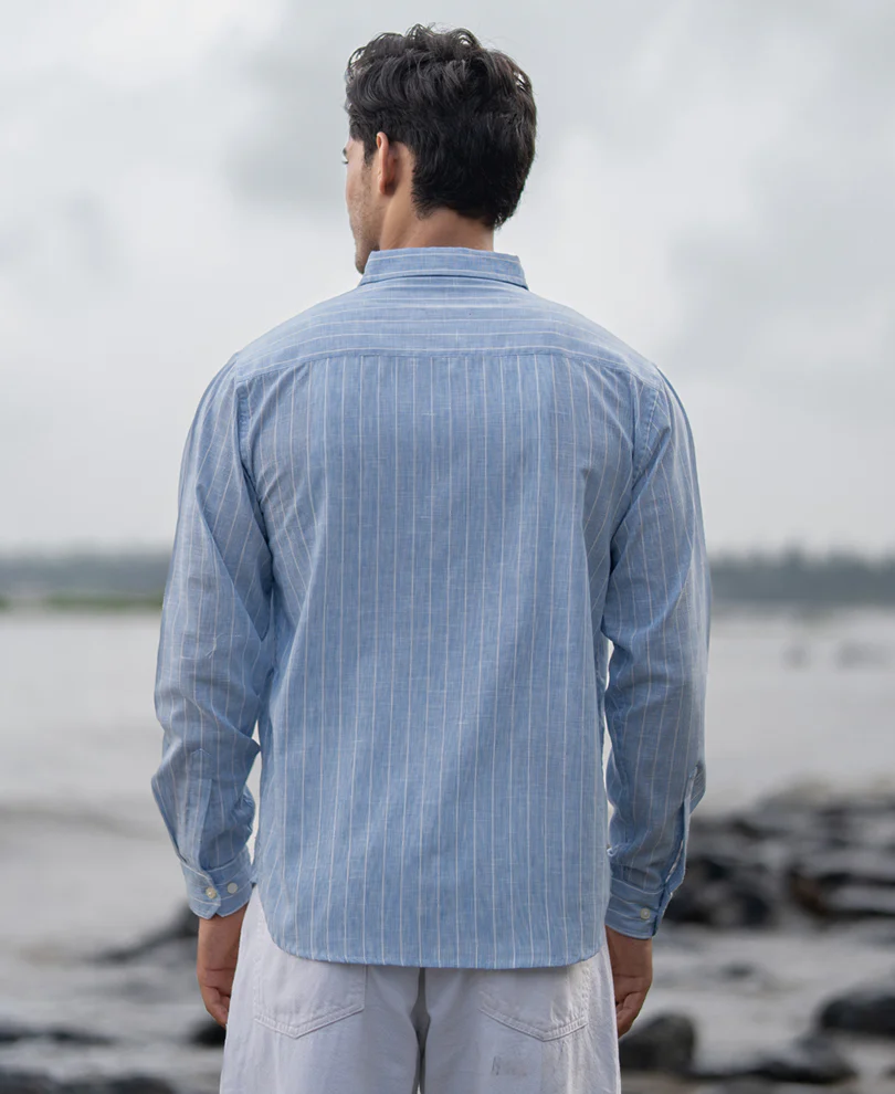 Dark Blue Cotton Stripe Shirt - Image 5