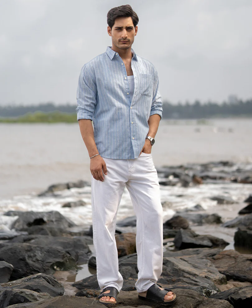 Dark Blue Cotton Stripe Shirt - Image 6