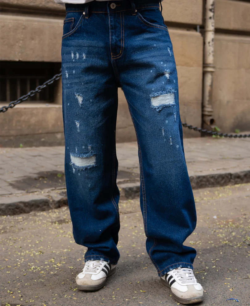 Dark Blue Distressed Baggy Fit Jeans 100% Cotton - Image 2