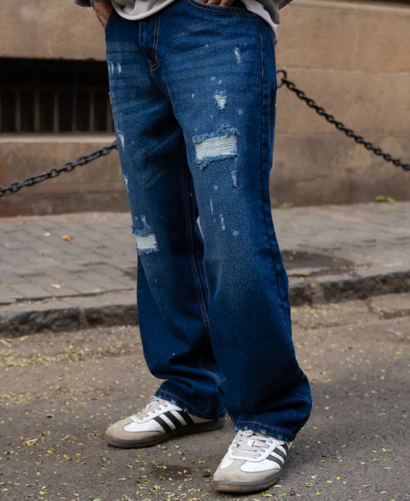 Dark Blue Distressed Baggy Fit Jeans 100% Cotton - Image 3