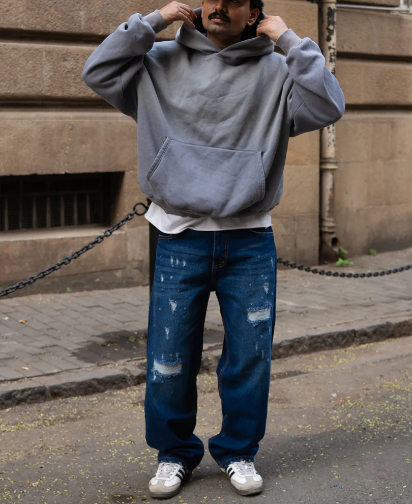 Dark Blue Distressed Baggy Fit Jeans 100% Cotton - Image 7