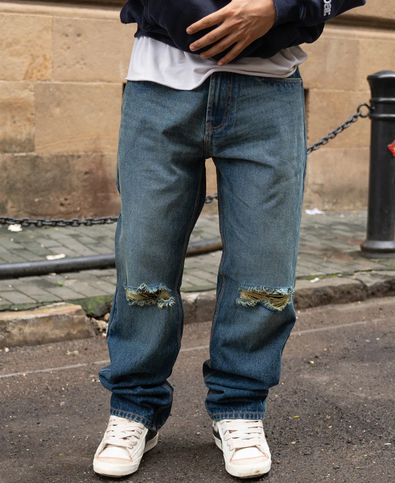 Dark Blue Distressed Baggy Jeans 100% Cotton - Image 2