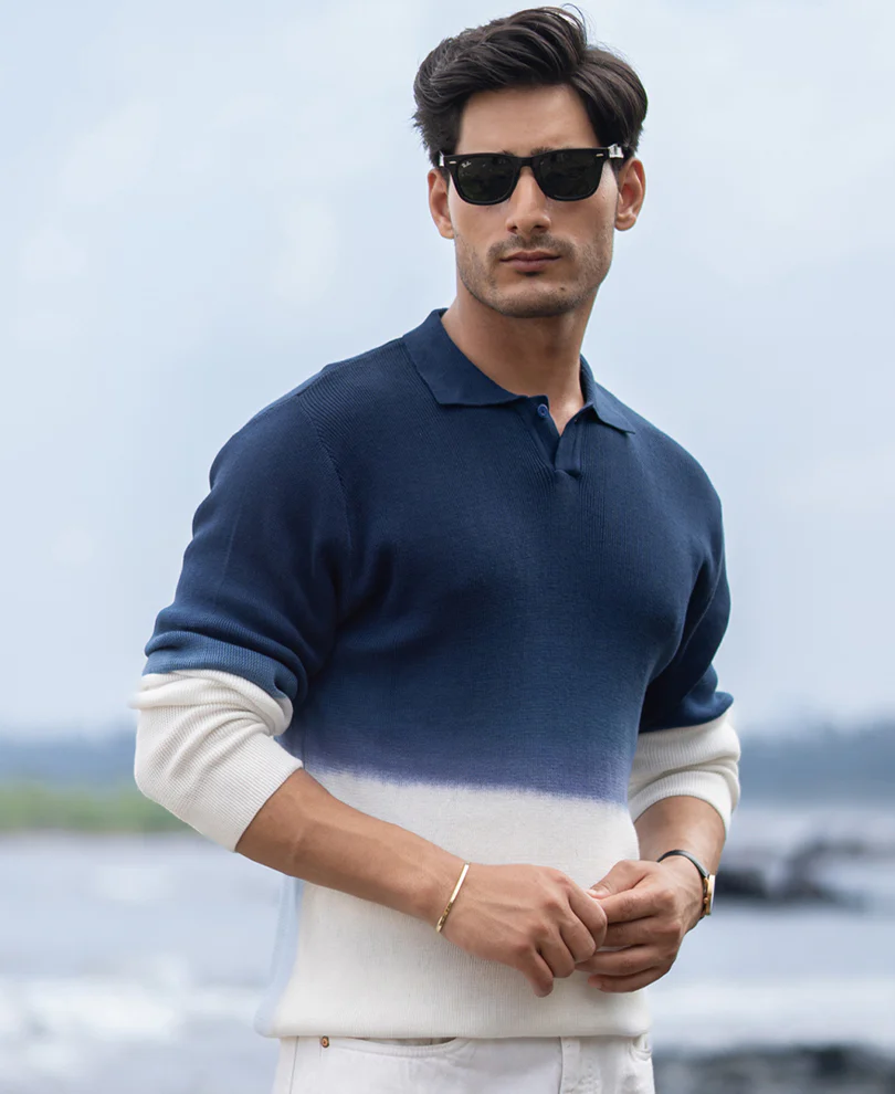 Dark Blue Knitted Ombre T-Shirt 100% Cotton - Image 2