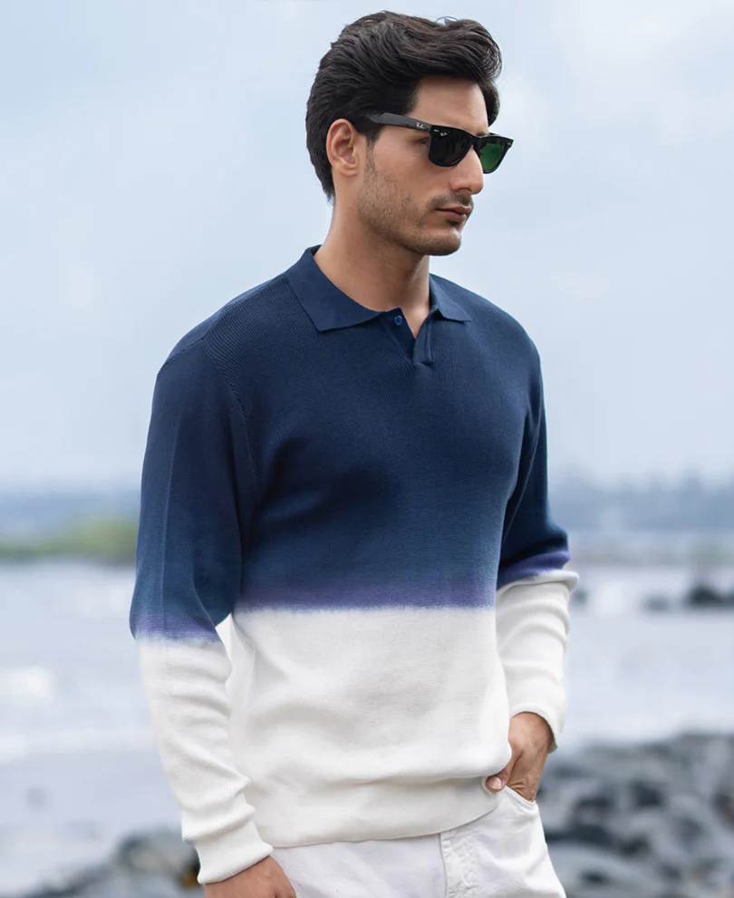 Dark Blue Knitted Ombre T-Shirt 100% Cotton - Image 3