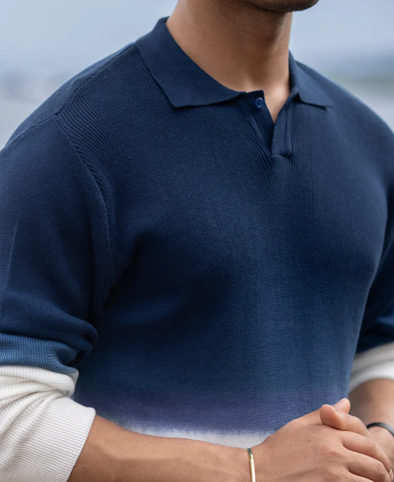 Dark Blue Knitted Ombre T-Shirt 100% Cotton - Image 4