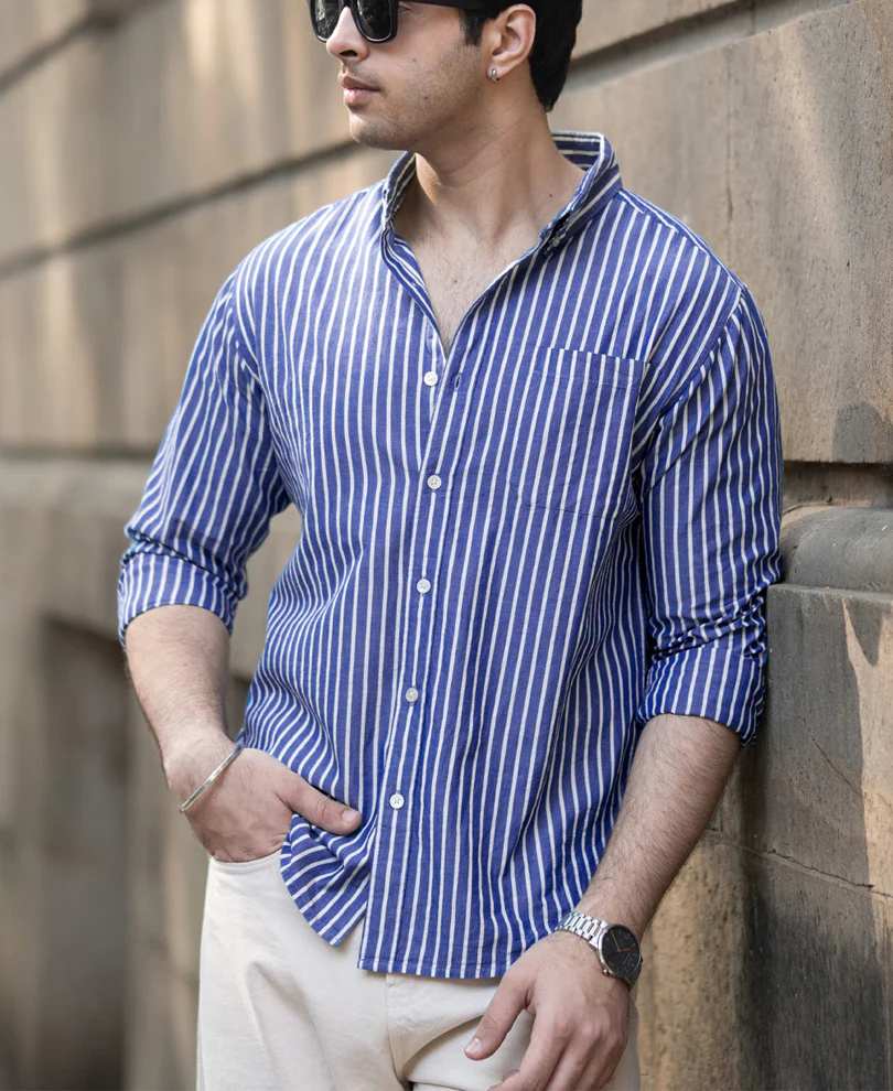 Dark Blue Lightweight Stripe Shirt 100% Cotton - Image 3