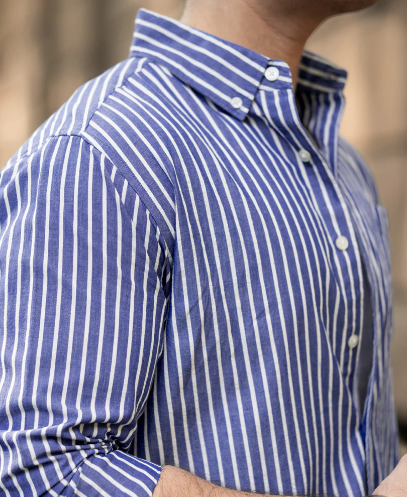 Dark Blue Lightweight Stripe Shirt 100% Cotton - Image 4