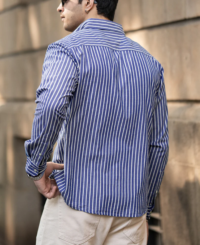 Dark Blue Lightweight Stripe Shirt 100% Cotton - Image 6