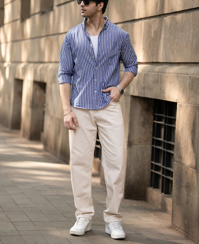 Dark Blue Lightweight Stripe Shirt 100% Cotton - Image 7