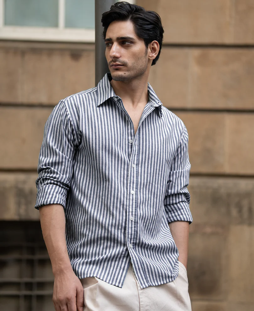Dark Blue Lightweight Striped Shirt - Image 2
