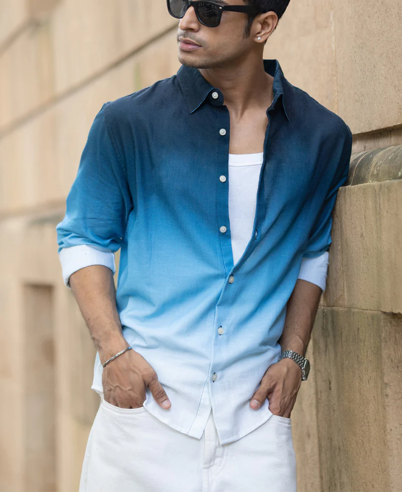 Dark Blue Ombre Print Shirt 100% Cotton - Image 2