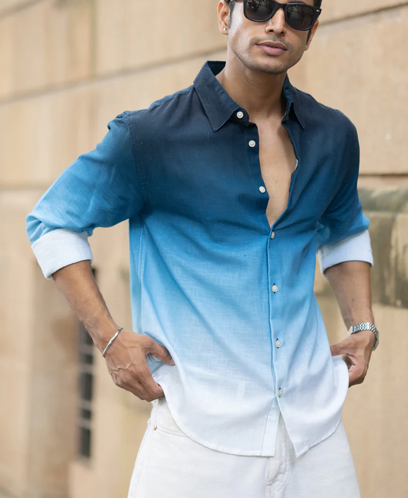 Dark Blue Ombre Print Shirt 100% Cotton - Image 3