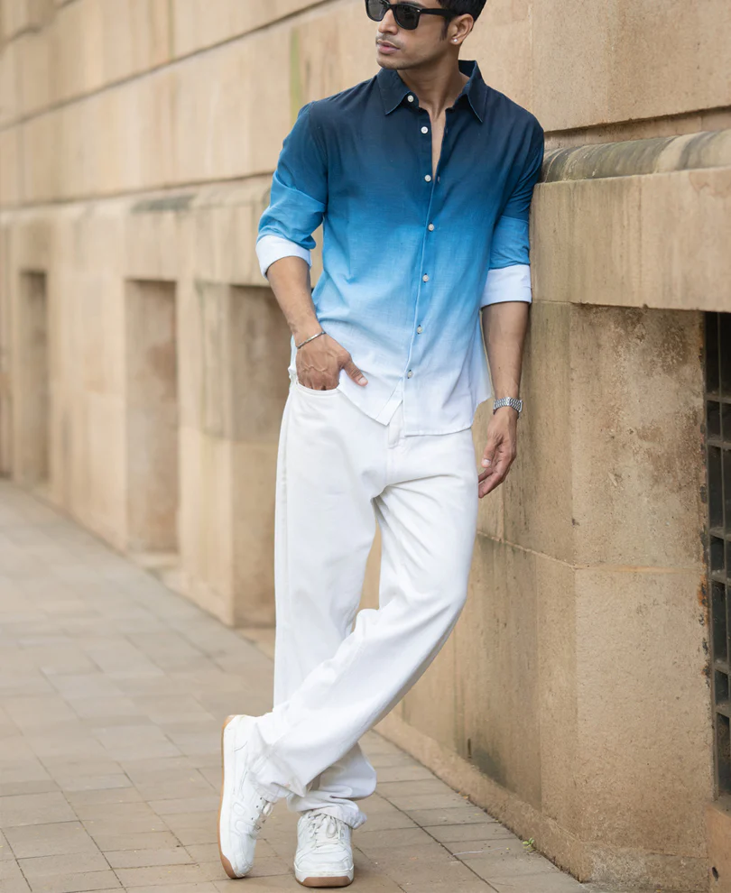 Dark Blue Ombre Print Shirt 100% Cotton - Image 6