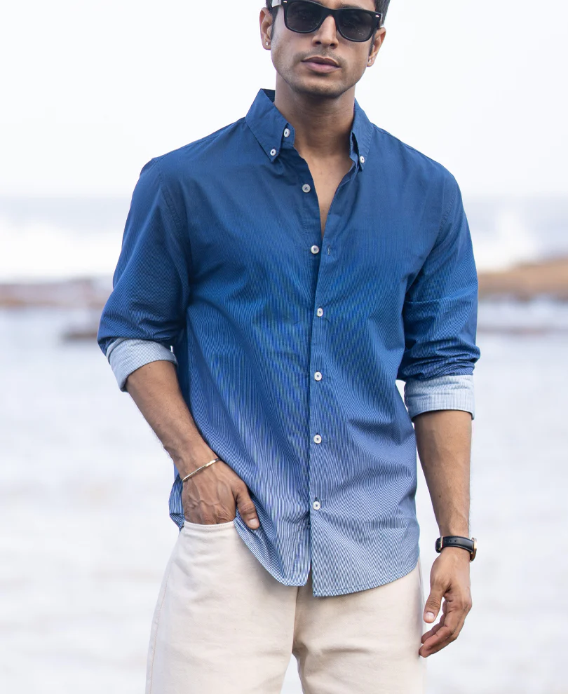 Dark Blue Ombre Stripe Shirt 100% Cotton - Image 2