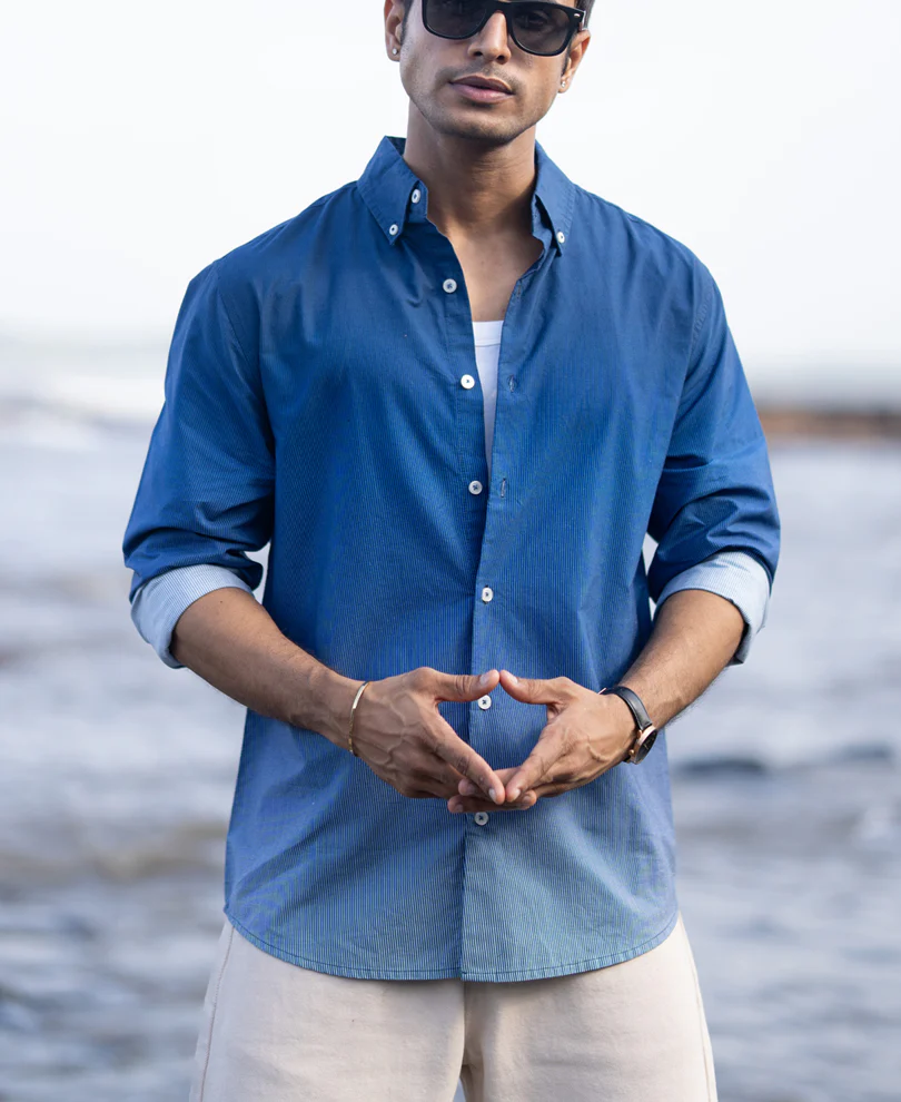 Dark Blue Ombre Stripe Shirt 100% Cotton - Image 3