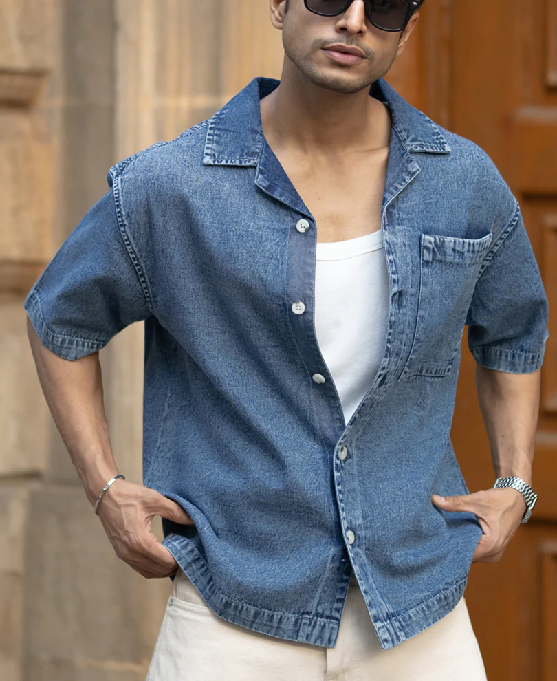 Dark Blue Washed Boxy Denim Shirt - Image 2