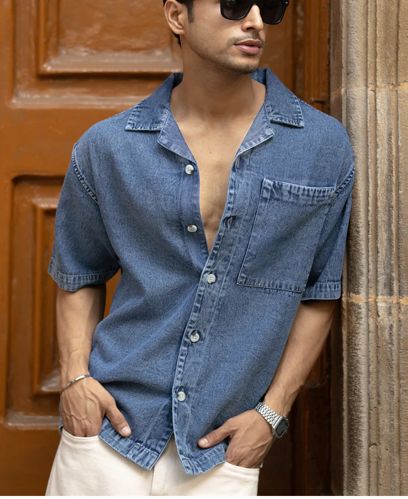 Dark Blue Washed Boxy Denim Shirt - Image 3