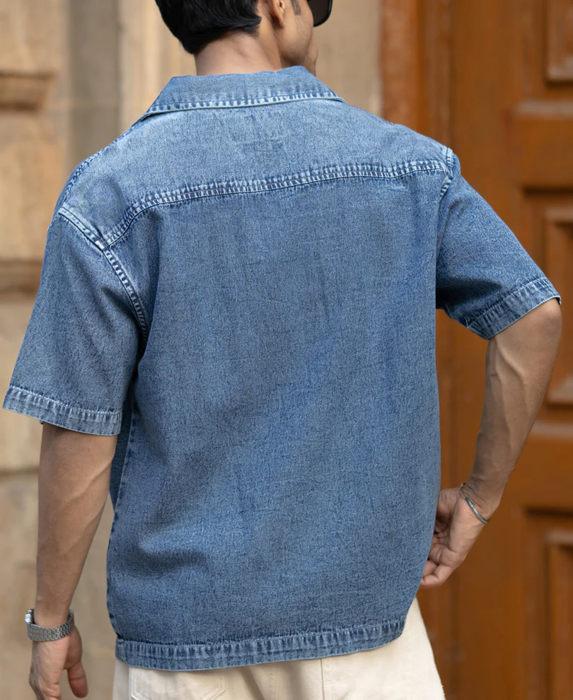 Dark Blue Washed Boxy Denim Shirt - Image 6