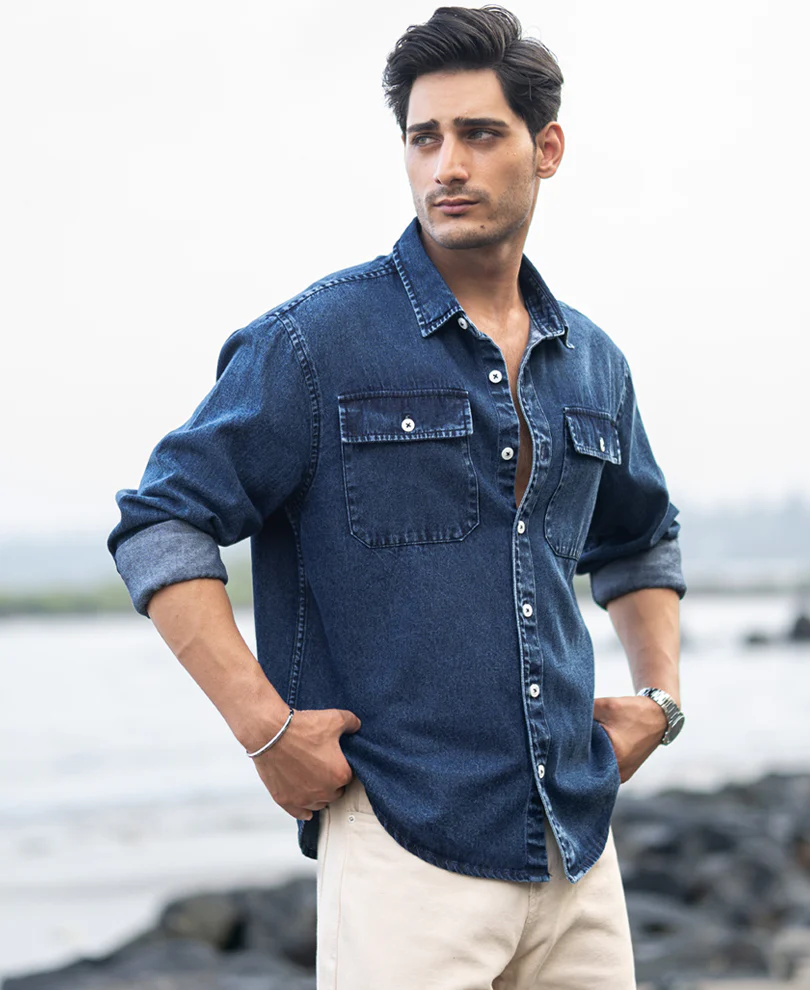 Dark Blue Washed Denim Full Sleeves Shirt 100% Cotton - Image 2