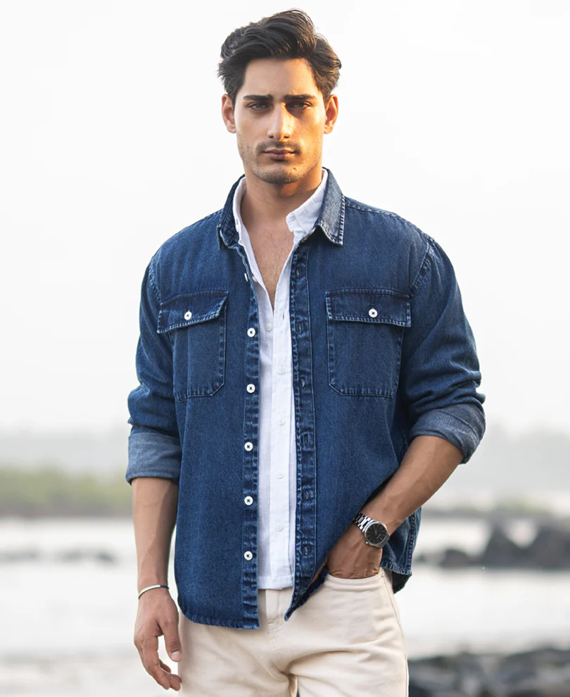 Dark Blue Washed Denim Full Sleeves Shirt 100% Cotton - Image 3
