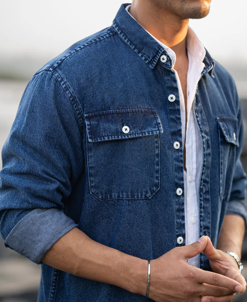 Dark Blue Washed Denim Full Sleeves Shirt 100% Cotton - Image 4