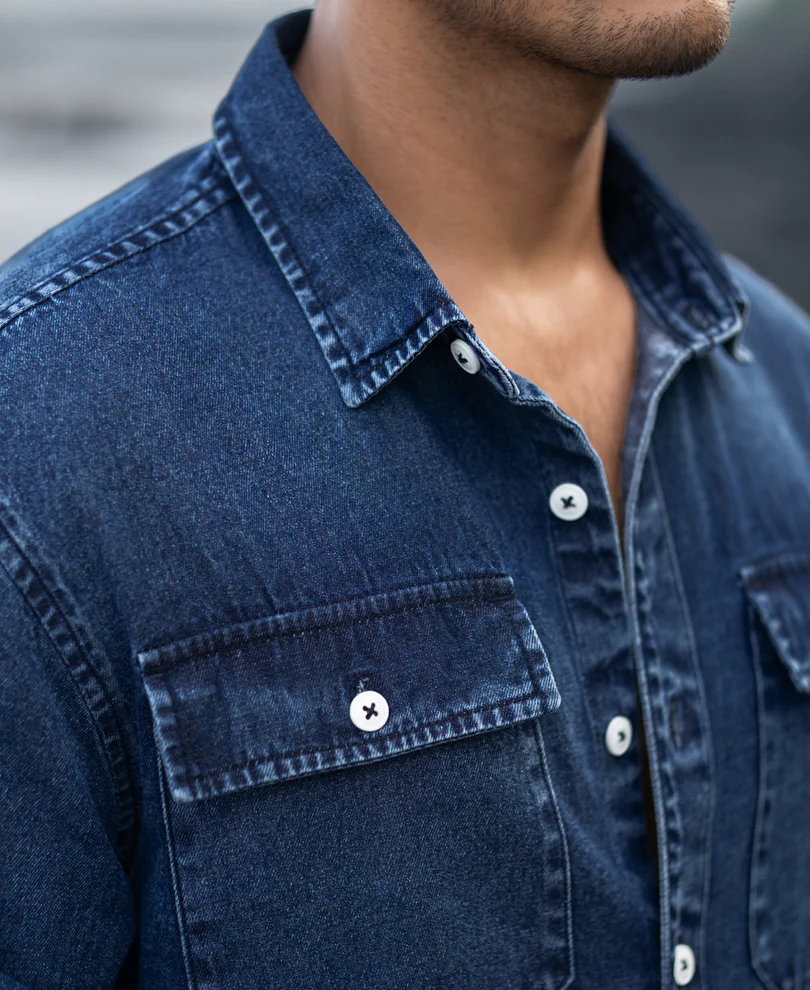 Dark Blue Washed Denim Full Sleeves Shirt 100% Cotton - Image 5