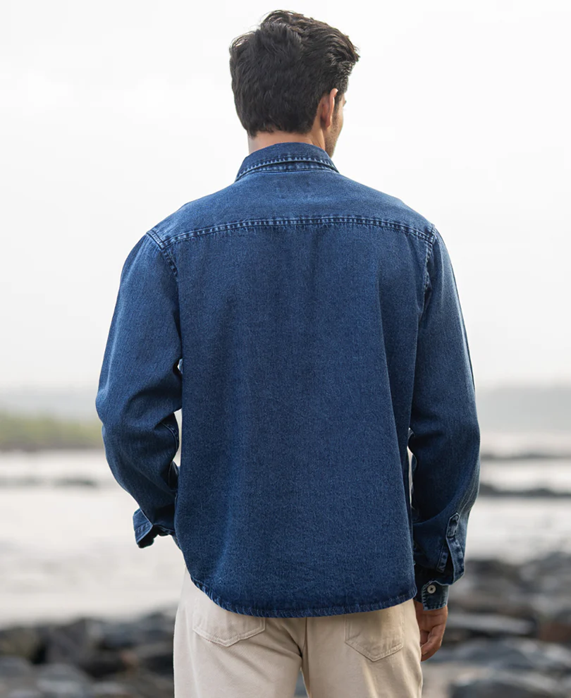 Dark Blue Washed Denim Full Sleeves Shirt 100% Cotton - Image 6