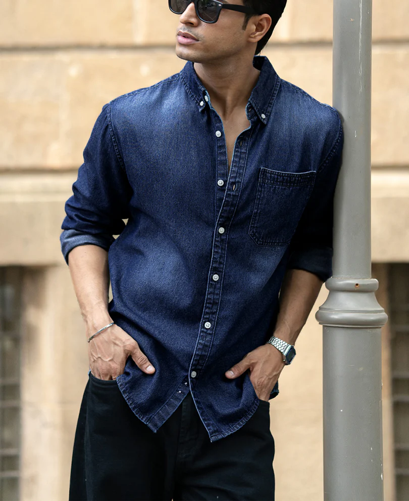 Dark Blue Washed Denim Shirt 100% Cotton - Image 2