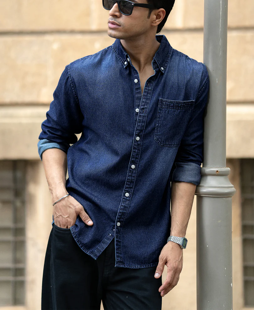 Dark Blue Washed Denim Shirt 100% Cotton - Image 3