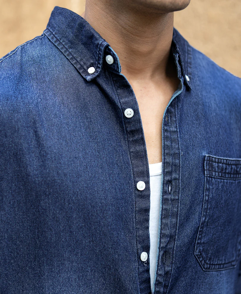Dark Blue Washed Denim Shirt 100% Cotton - Image 4
