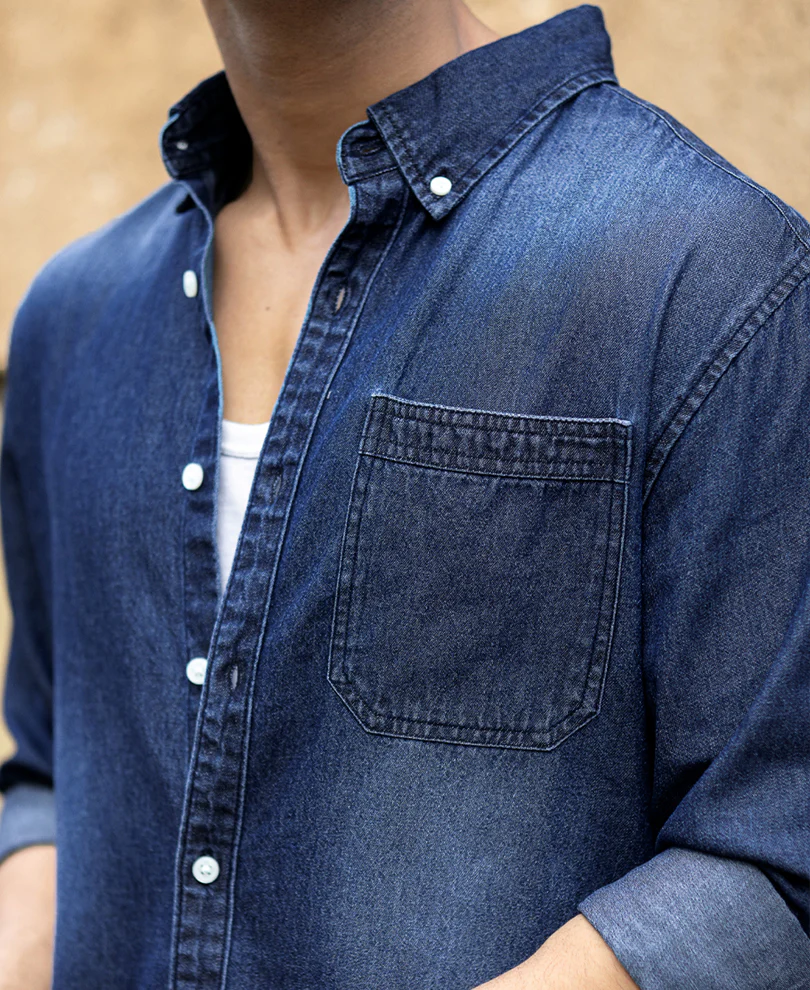 Dark Blue Washed Denim Shirt 100% Cotton - Image 5
