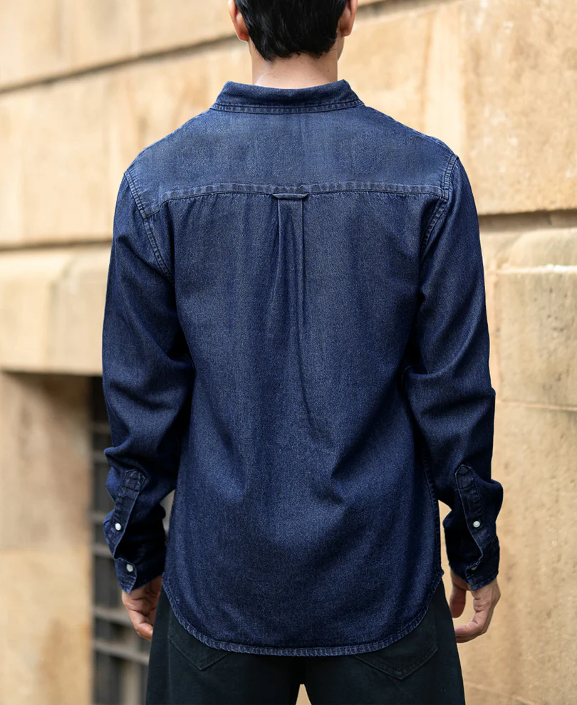 Dark Blue Washed Denim Shirt 100% Cotton - Image 6