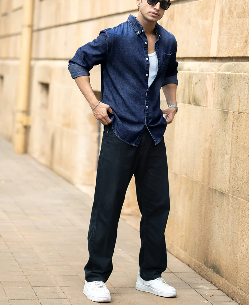 Dark Blue Washed Denim Shirt 100% Cotton - Image 7