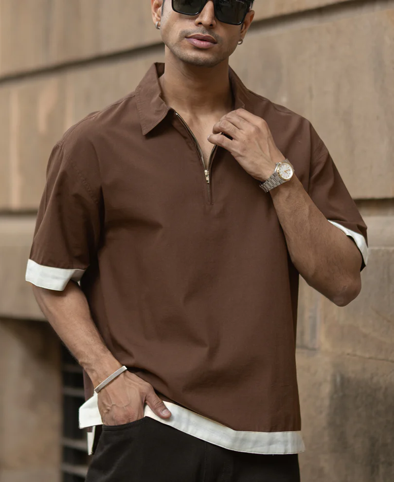 Dark Brown Boxy Fit Zipper Shirt 100% Cotton - Image 3