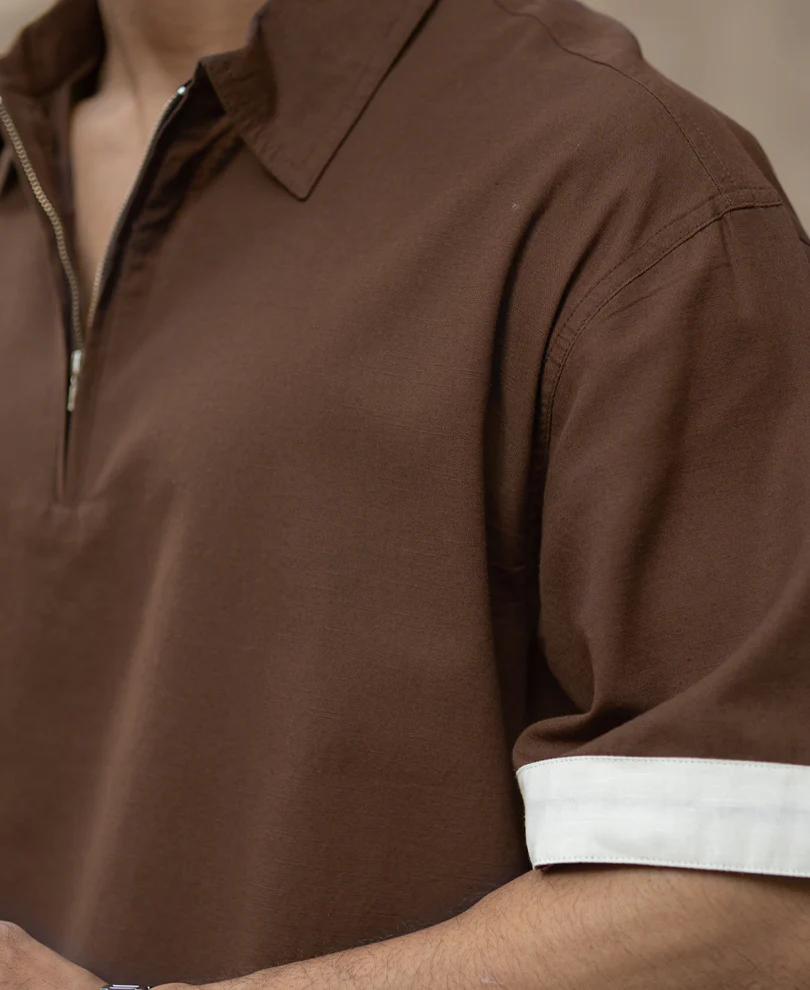 Dark Brown Boxy Fit Zipper Shirt 100% Cotton - Image 5
