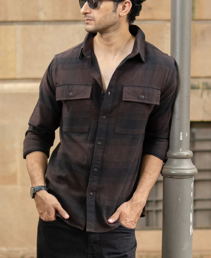 Dark Brown Brushed Checks Shirt - Image 2