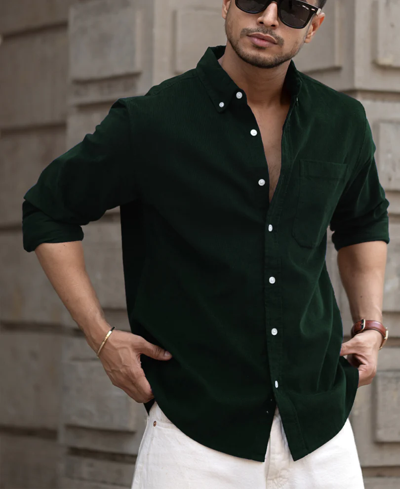 Dark Green Corduroy Buttondown Shirt 100% Cotton - Image 2