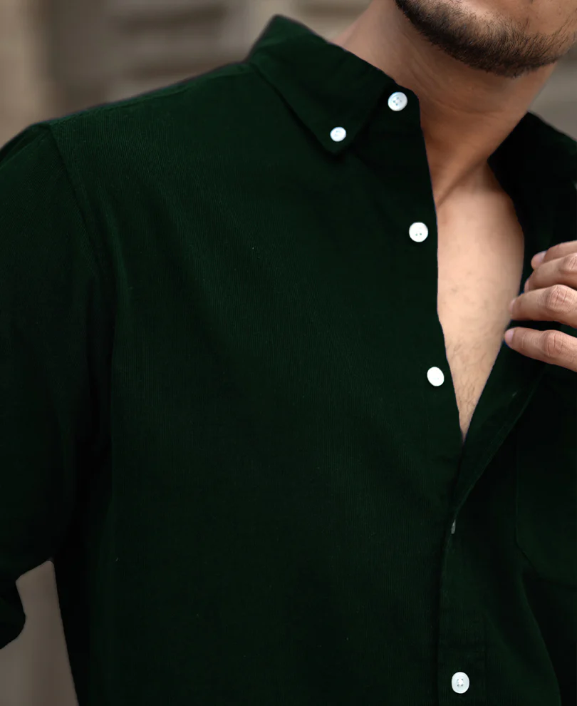 Dark Green Corduroy Buttondown Shirt 100% Cotton - Image 3