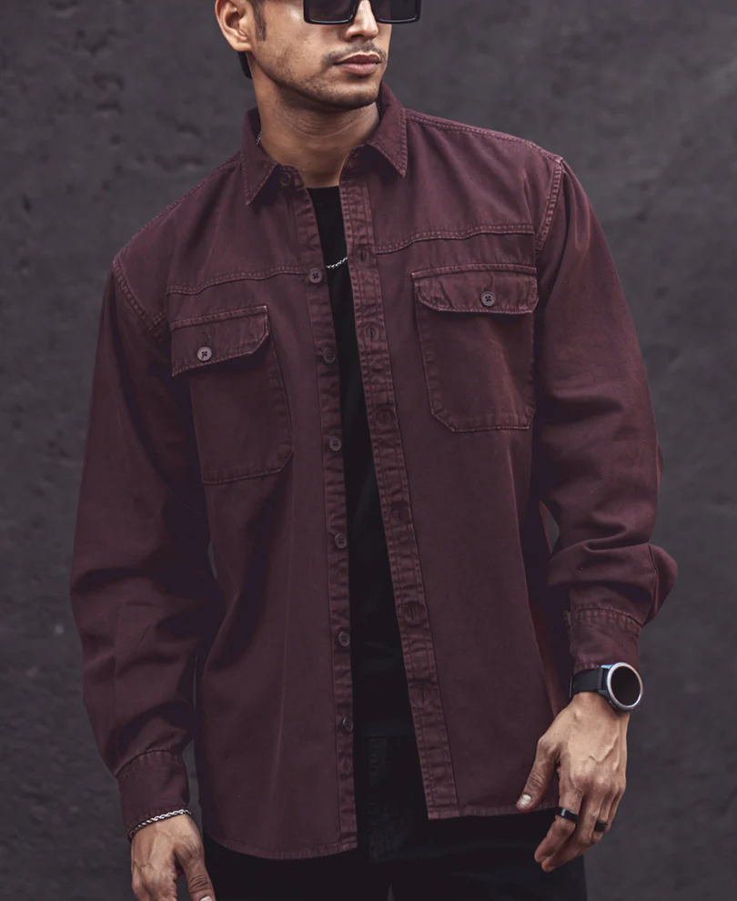 Dark Brown Denim Shacket Full Sleeves Shirt 100% Cotton - Image 3