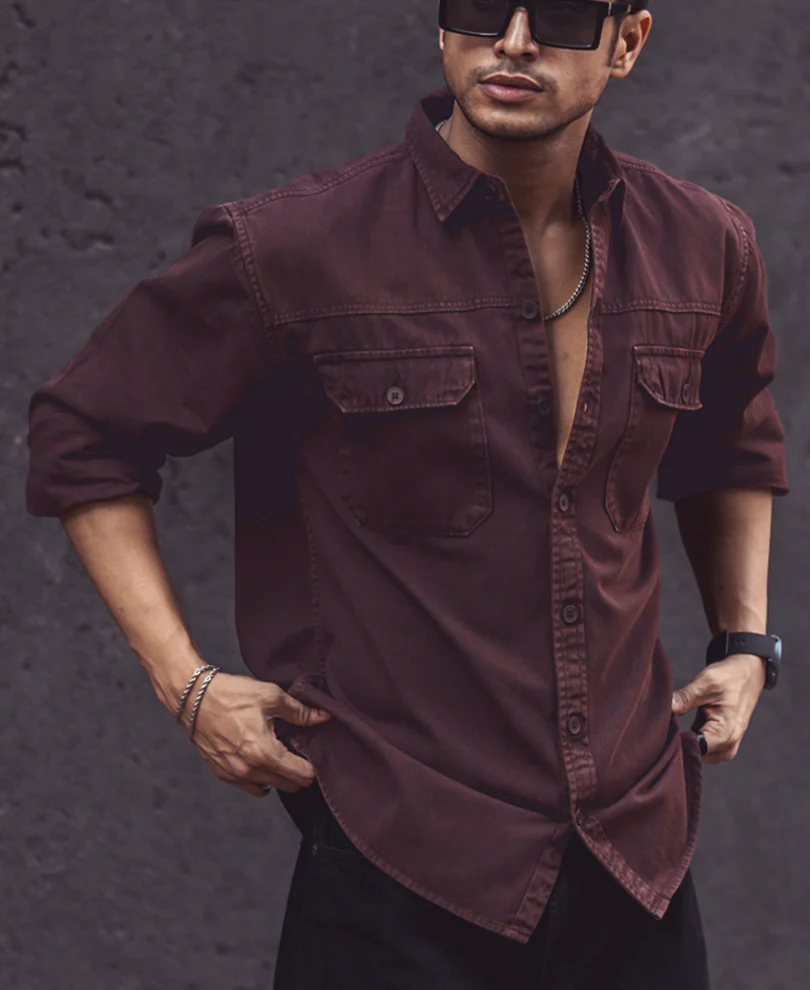 Dark Brown Denim Shacket Full Sleeves Shirt 100% Cotton - Image 4