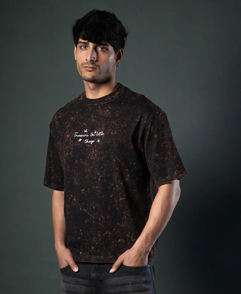 Dark Brown Floral Embroidery T-Shirt 100% Cotton - Image 3