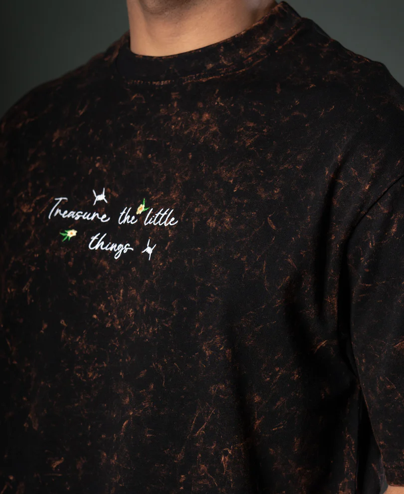 Dark Brown Floral Embroidery T-Shirt 100% Cotton - Image 4