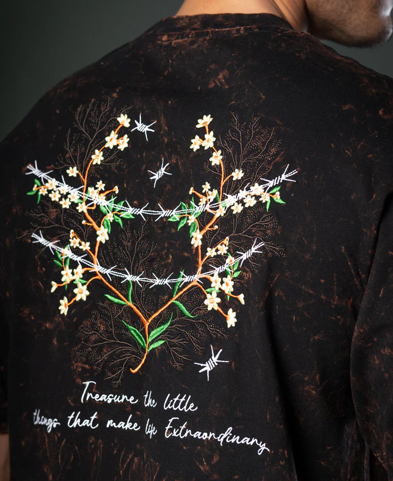 Dark Brown Floral Embroidery T-Shirt 100% Cotton - Image 5