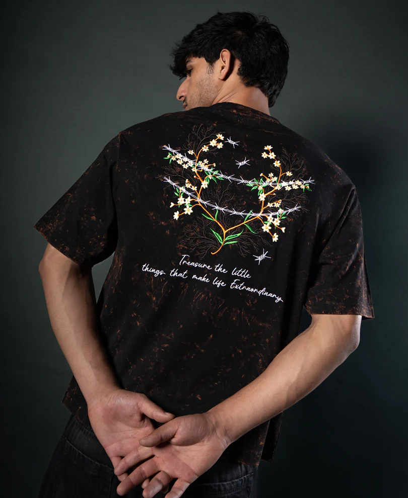 Dark Brown Floral Embroidery T-Shirt 100% Cotton - Image 6